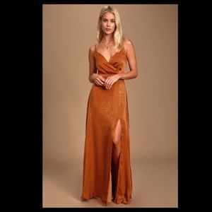 LuLus Constantine Rust Orange Satin Maxi Dress NWT Sz: Lg